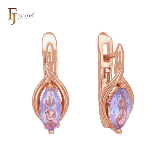 Solitaire clawed Marquise pink purple CZ Rose Gold Russian Lock Earrings