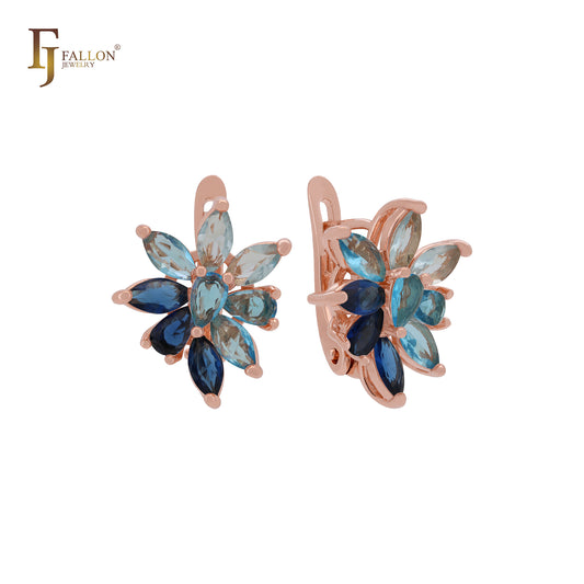Cluster luxurious flower of marquise white or blue CZs sparkling Rose Gold Russian Lock Earrings