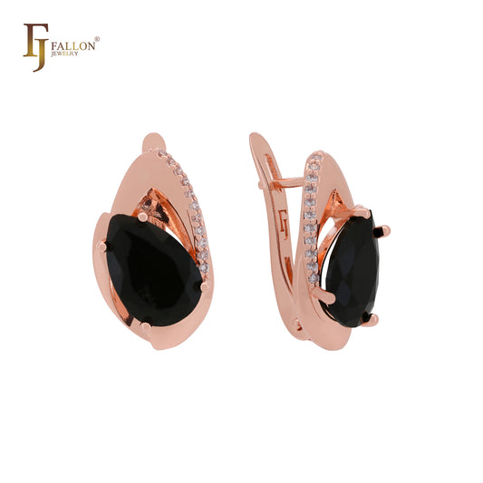 Solitaire pear shape black CZ Rose Gold Russian Lock Earrings