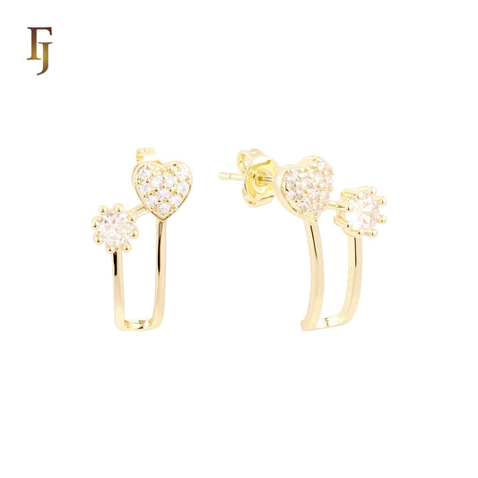 Heart filled and solitaire white CZs 14K Gold, Rose Gold Stud Earrings