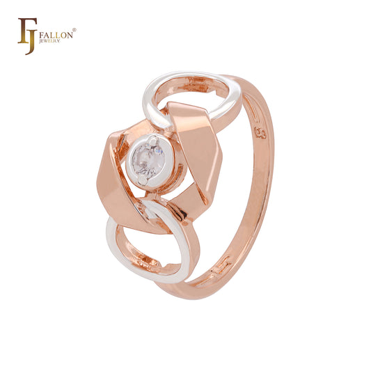 Mixed chain circle link geometric solitaire white CZ Rose Gold two tone Fashion Rings