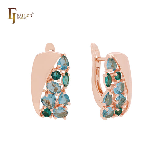 Cluster mixed blue CZs Rose Gold Russian Lock Earrings