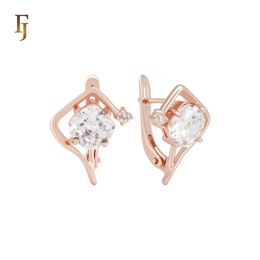 Solitaire clawed white CZ Rose Gold Russian Lock Earrings