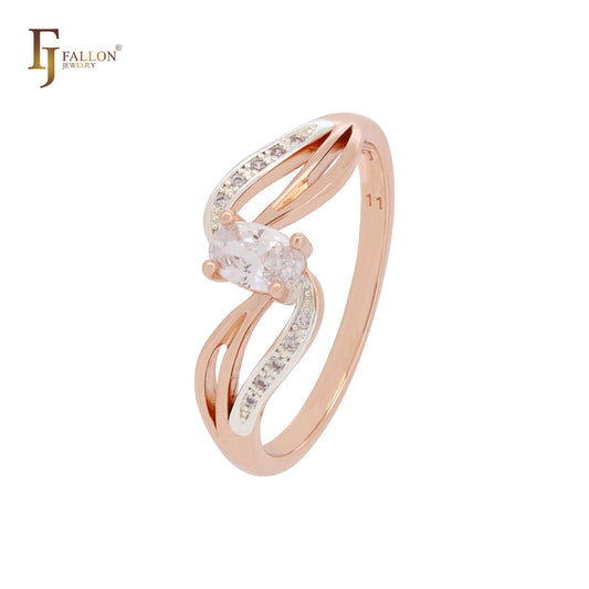 Anillos de compromiso de oro rosa de dos tonos con circonitas ovaladas y circonitas blancas