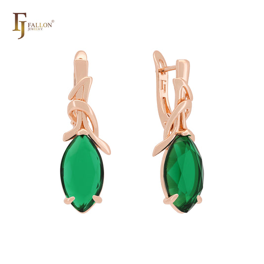 Clawed drop Marquise Solitaire Colorful CZ Rose Gold Russian Lock Earrings