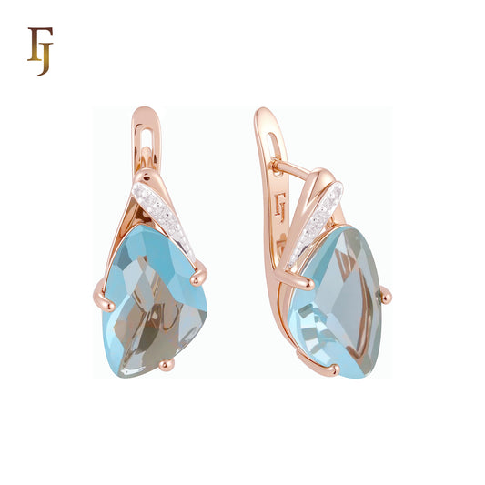 Solitaire triangular rounded Colorful CZ Rose Gold two tone Russian Lock Earrings