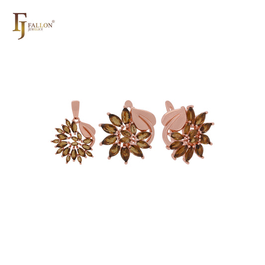 Lujoso conjunto de joyas de oro rosa con mil circonitas color café marquesa y colgante