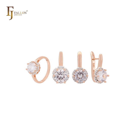 Conjunto de joyas de oro rosa en dos tonos con solitario halo, grande, redondo, colorido, circonita cúbica, anillos y colgante.