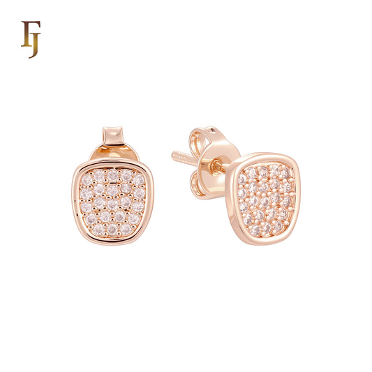 Irregular shaped rounded white czs paved 14K Gold Stud Earrings
