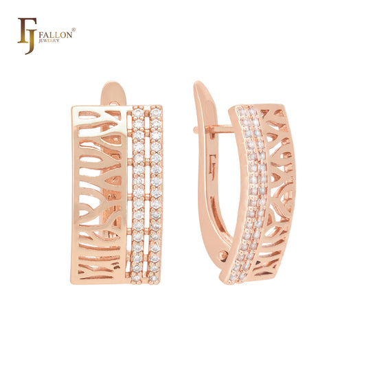 Window of filigree and double row of white CZs Rose Gold Russian Lock Earrings