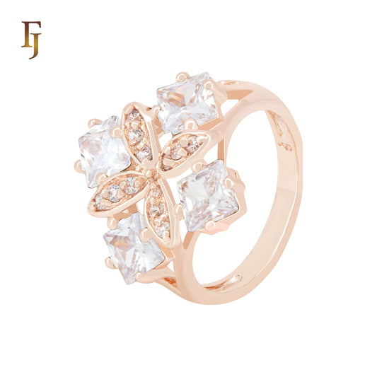 Quadraple four Assscher Cut white CZs Cluster Rose Gold Fashion Rings