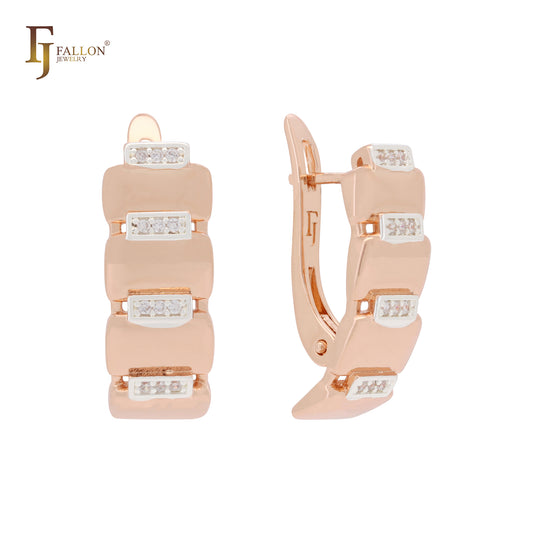 Trail regular repetitive design with white CZs Rose Gold two tone Russian Lock Earrings