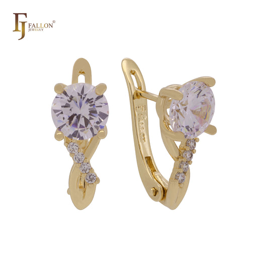 Solitaire round colorful CZ blooming Rose Gold, 14K Gold Russian Lock Earrings