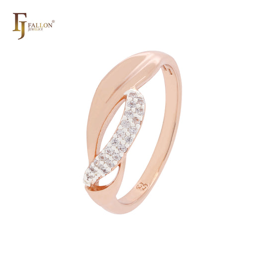 Ленты переплетаются с белыми фианитами, двухцветные модные кольца из розового золота