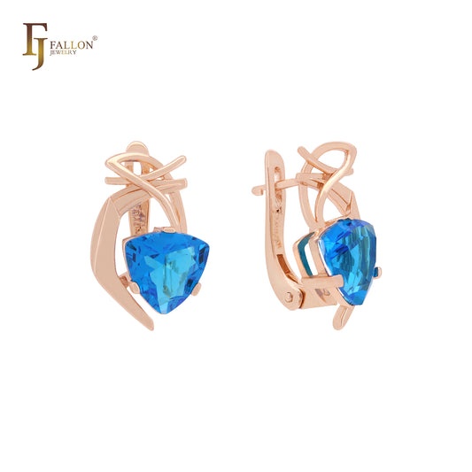 Solitaire ocean blue triangular CZ Rose Gold Russian Lock Earrings