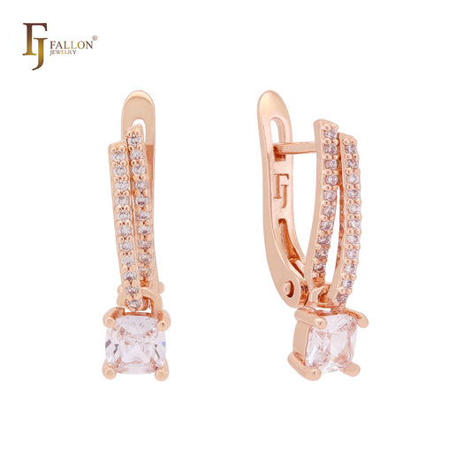 Elegant lock of white CZ and paved white CZs Rose Gold Russian Lock Earrings