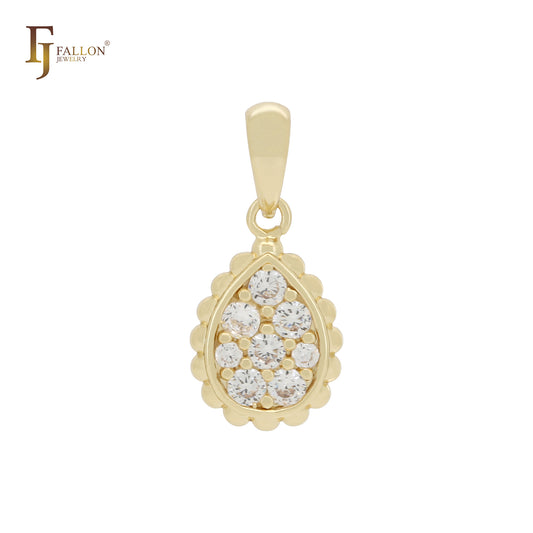 Kleiner, winziger Anhänger in Tropfenform mit abgerundeten weißen Zirkoniasteinen aus 14 Karat Gold