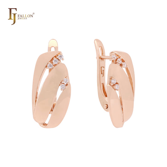 Geometric triple row white CZs Rose Gold Russian Lock Earrings