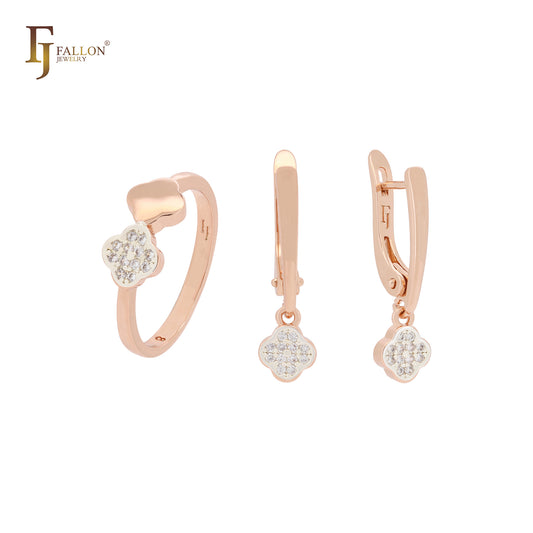 Conjunto de joyas de oro rosa con trébol doble y anillos
