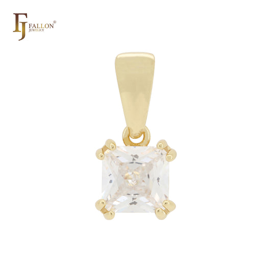 Colgante solitario de circonita blanca cuadrada con engaste de garra en oro de 14 quilates y oro blanco.