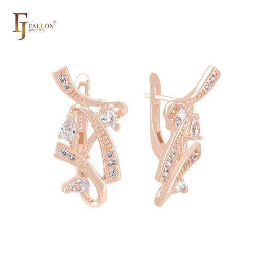 Complex Luxurious Ribbon of beads and white CZs Cluster Rose Gold Russian Lock Earrings