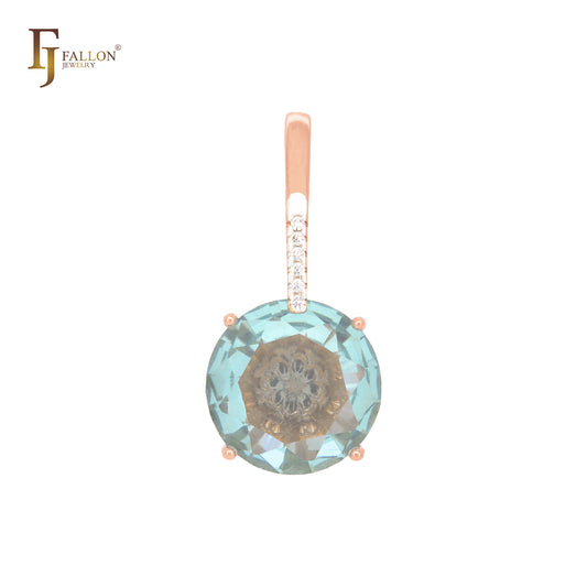 Colgante solitario gigante redondo colorido con circonitas cúbicas blancas en oro rosa de dos tonos