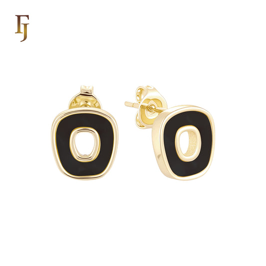 Irregular Hollow squared shaped of Black or White Onyx 14K Gold, Rose Gold Stud Earrings