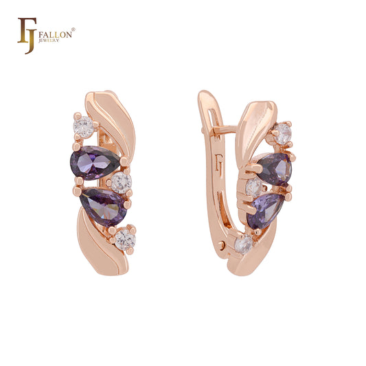Leaves of mixed purple white CZs cluster Rose Gold Russian Lock Earrings
