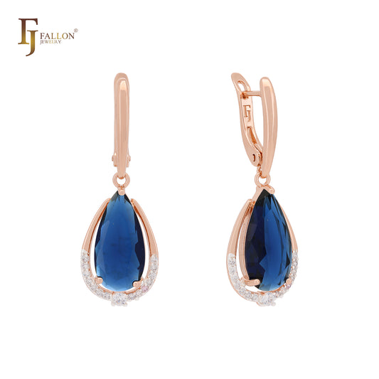 Pear shape teardrop CZ drop Rose Gold two tone Russian Lock Earrings