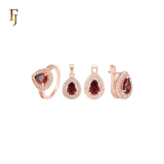 Solitiare teardrop halo red CZ cluster Rose Gold Jewelry Set with Rings and Pendant