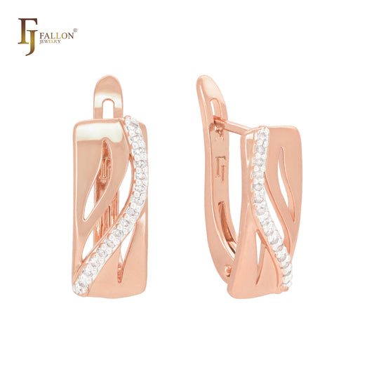 Elegant band of white CZs Rose Gold two tone Russian Lock Earrings