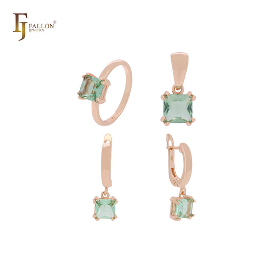 Conjunto de joias solitárias em ouro rosa com corte almofada verde-maçã, anéis e pingente