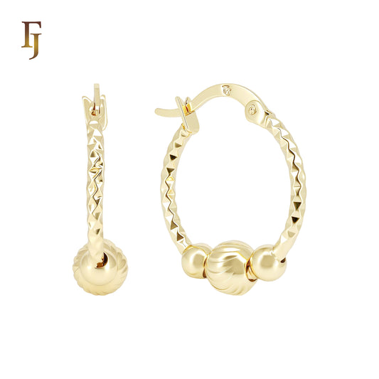 Triple Beaded Rhombus texture 14K Gold Hoop Earrings