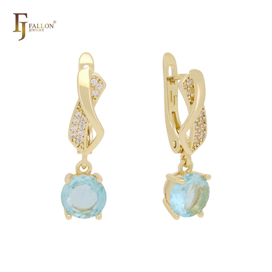 Solitaire rounded CZ drop 14K Gold, Rose Gold Russian Lock earrings