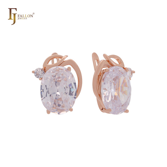 Giant oval big Solitaire white, Orange or lake blue CZ Luxurious Rose Gold Russian Lock Earrings