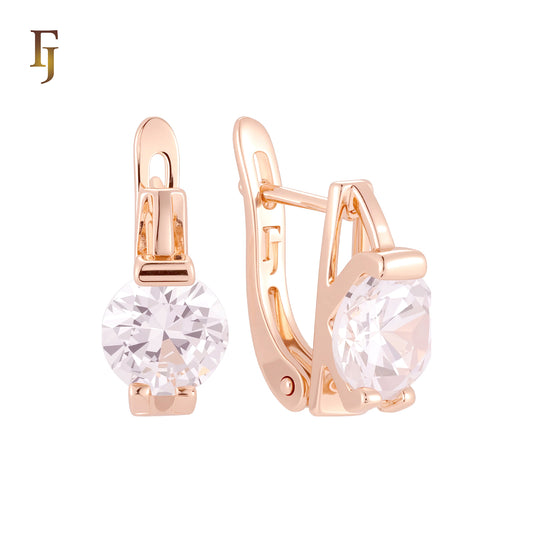 Clawed solitaire white CZ Rounded Cut Rose Gold Russian Lock Earrings