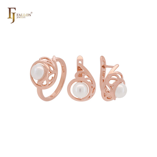 Elegante conjunto de joyas de oro rosa con perlas redondas en garra y anillos