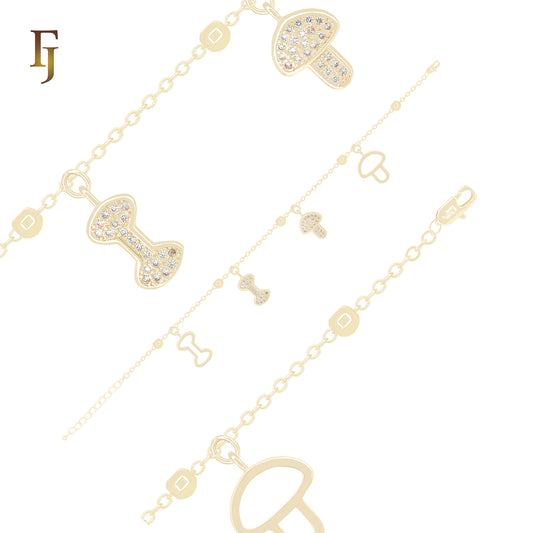 Gold Plated Charm Bracelet with Pacifier and Bow Motifs – Baby Theme CZ Jewelry for Girls and Teens | FJ Jewelry Design