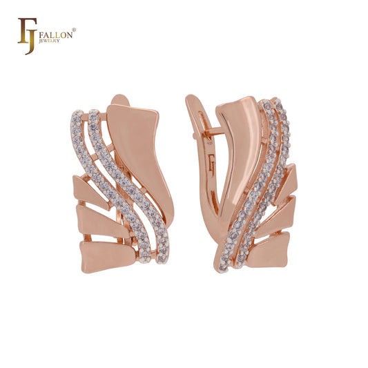 Double row of white CZs embedded Rose Gold two tone Russian Lock Earrings