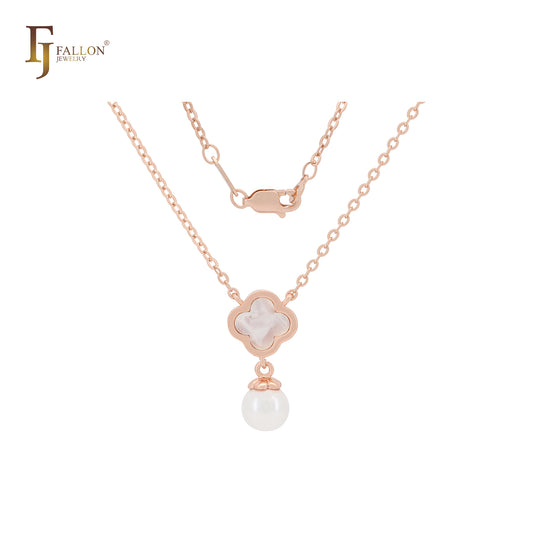 Модное ожерелье из белого или черного розового золота с жемчугом и клевером