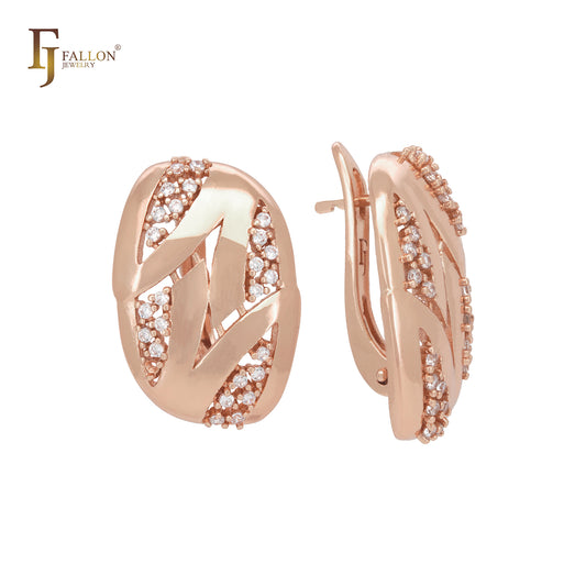 Cluster white CZs interlocking Rose Gold Russian Lock Earrings