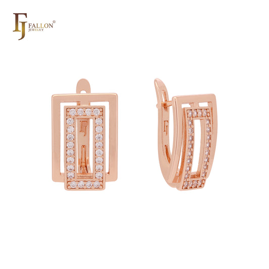 Rectangular Geometric Halo white CZs 14K Gold, Rose Gold Russian Lock Earrings