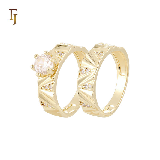 Solitaire white CZs Ribbon bands of double white CZs 14K Gold, Rose Gold Wedding Set Rings