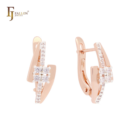 Lightning sign of white CZs Rose Gold two tone Russian Lock Earrings