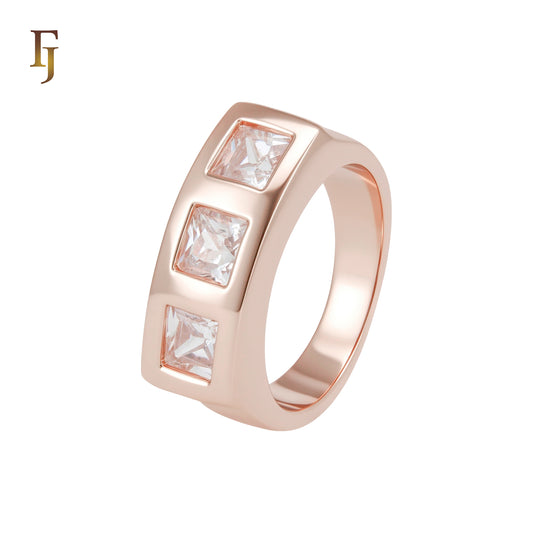 Triple Squared Cut White CZs Rose Gold Fashion Rings