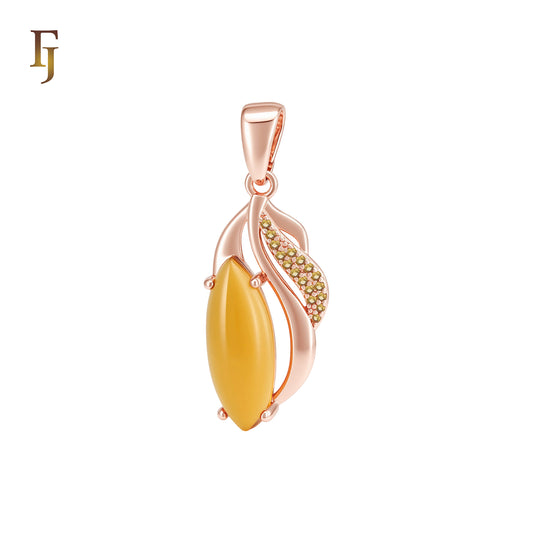 Solitaire Marquise Orange Amber paved olive CZs Rose Gold Pendant