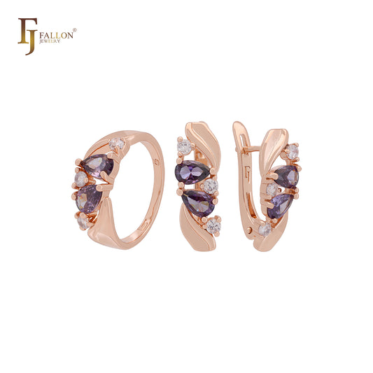 Conjunto de joyas de oro rosa con anillos y hojas de circonitas blancas y moradas mixtas