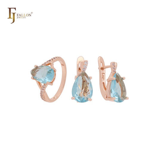 Gran conjunto de joyas de oro rosa con solitario en forma de lágrima y circonita azul lago con anillos