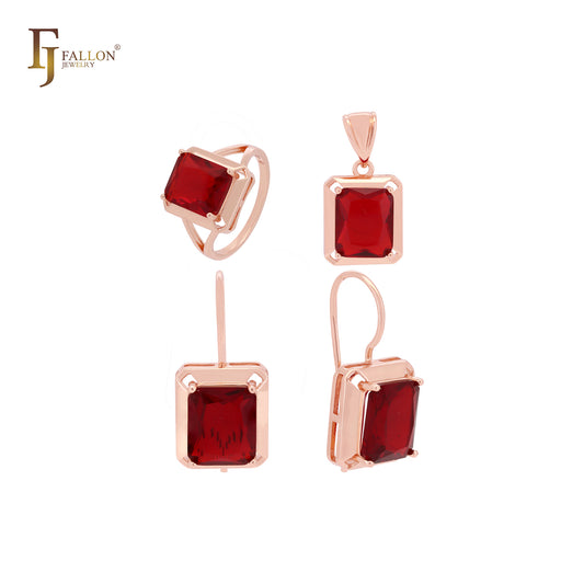 Grande solitário vermelho quadrado CZ 585 ouro rosa conjunto de joias com anéis e pingente
