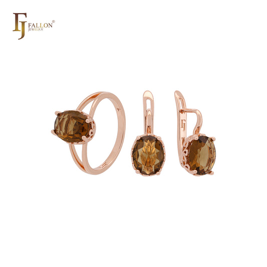 Conjunto de joyas de oro rosa con circonitas cúbicas ovaladas en forma de café y solitario con garras y anillos